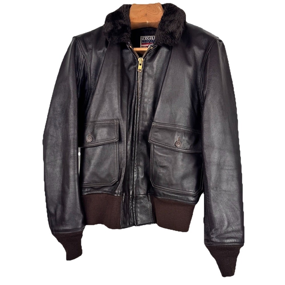 Excelled Bomber Jacket Men 42 Brown G-1 Flight Faux Fur Collar Leather USA Made